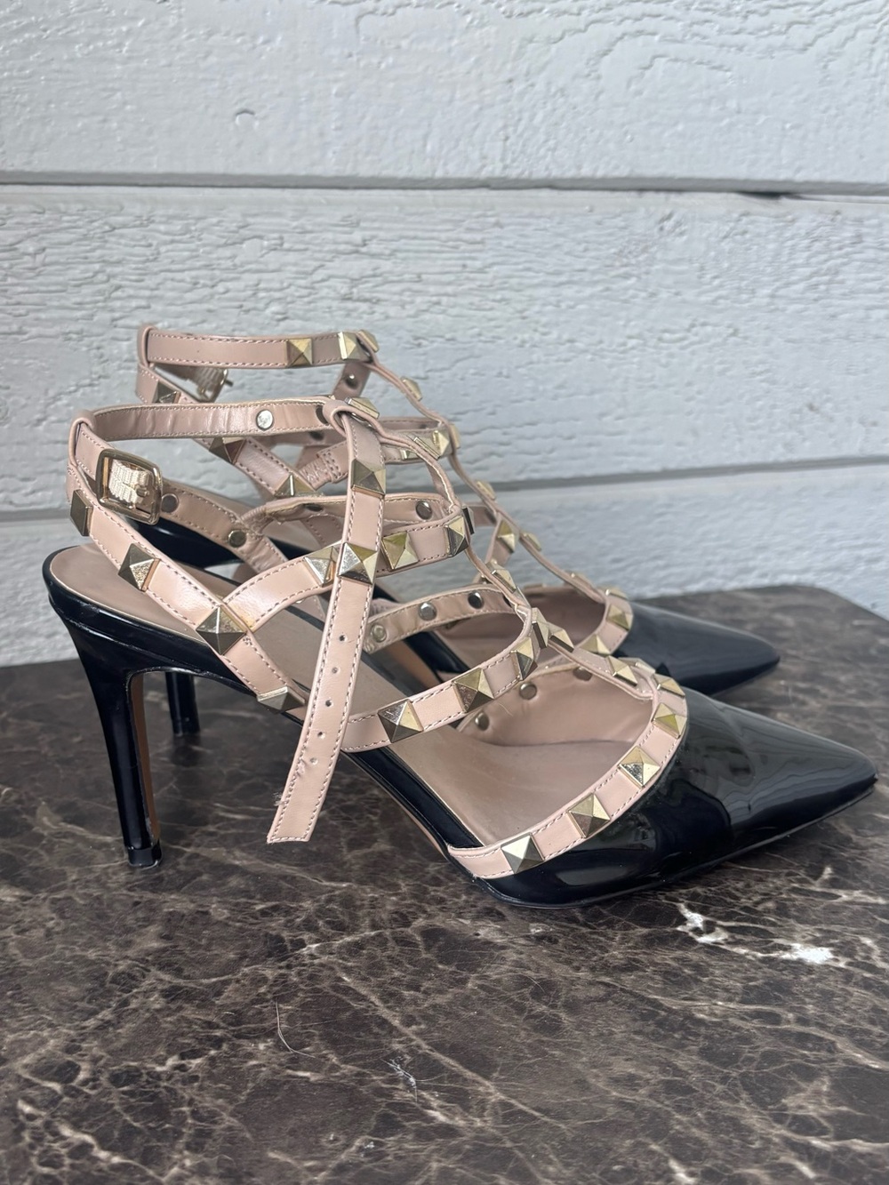 Mix No. 6 Studded Two-Tone Strappy Pointed-Toe Heels - Black and Nude